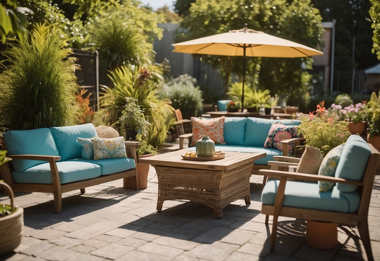 Colorful outdoor furniture displayed on a sunny patio, surrounded by lush greenery and under a clear blue sky
