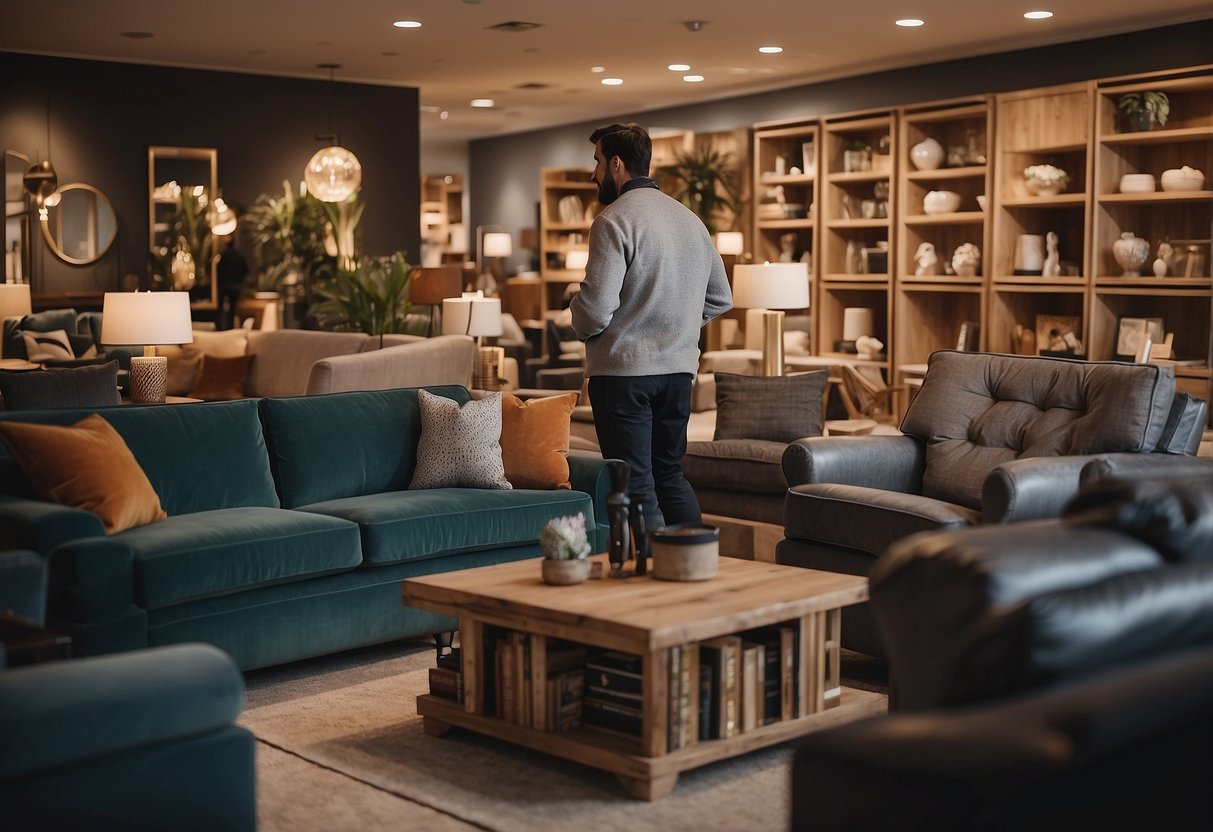 A customer browsing through a variety of furniture pieces with a "Frequently Asked Questions" sign displayed prominently