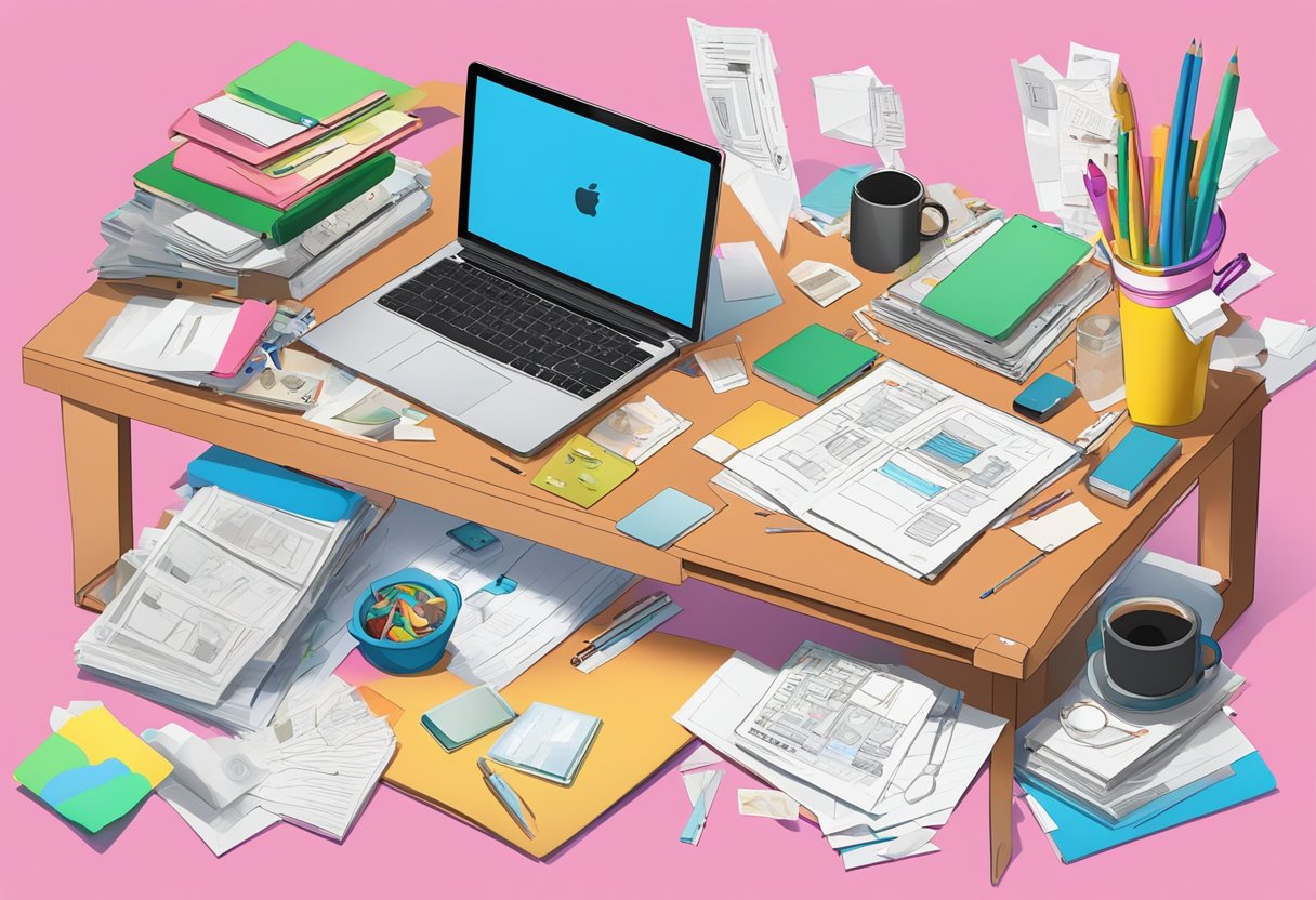 Iggy Azalea's personal endeavors and life could be depicted through a cluttered desk with scattered papers, a laptop, and a vision board
