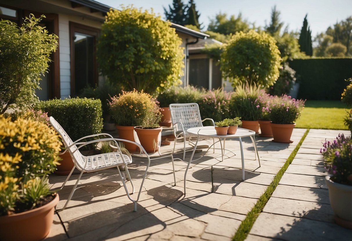 A sunny backyard with a variety of outdoor furniture on sale. Tables, chairs, and loungers are displayed on a lush green lawn, surrounded by blooming flowers and potted plants