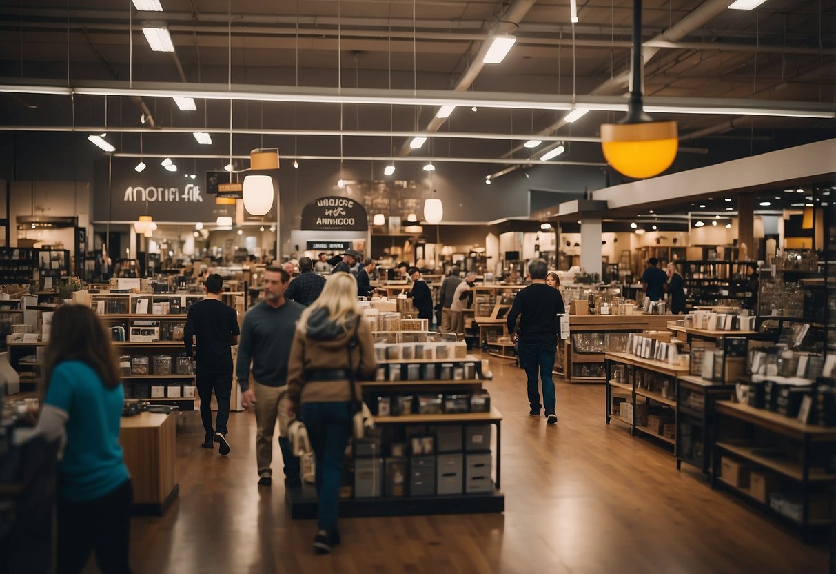 A bustling furniture mart with customers browsing, staff assisting, and shelves stocked with various home decor items
