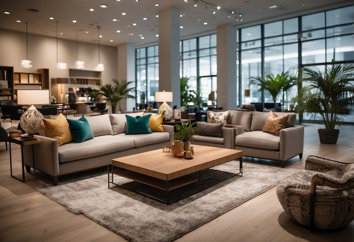 A spacious, modern furniture showroom with sleek displays and vibrant decor. Bright lighting illuminates the array of stylish pieces, inviting customers to explore