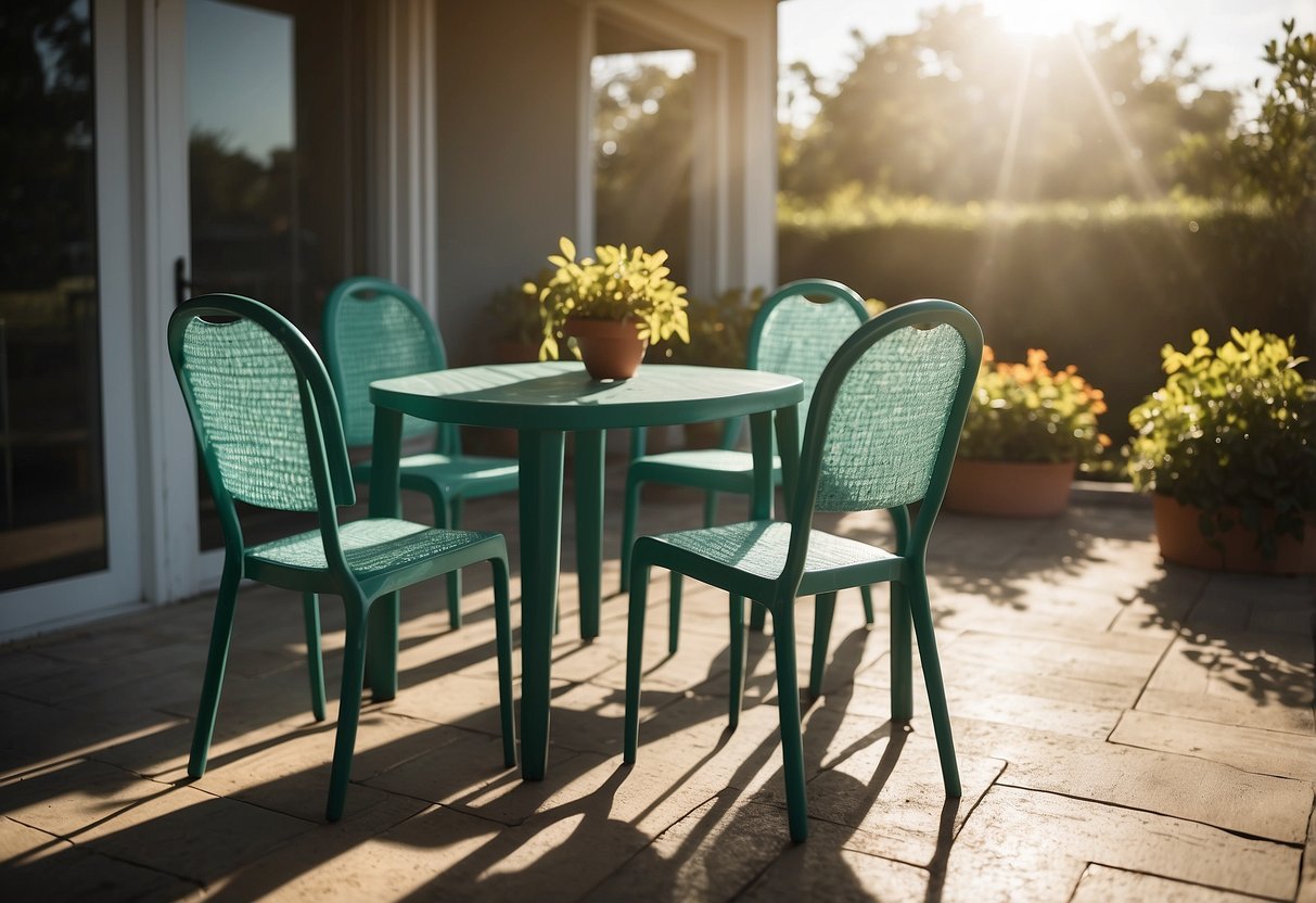 A plastic board table and chairs arranged on a patio. Sunlight filters through a nearby window, casting shadows on the smooth, clean surfaces