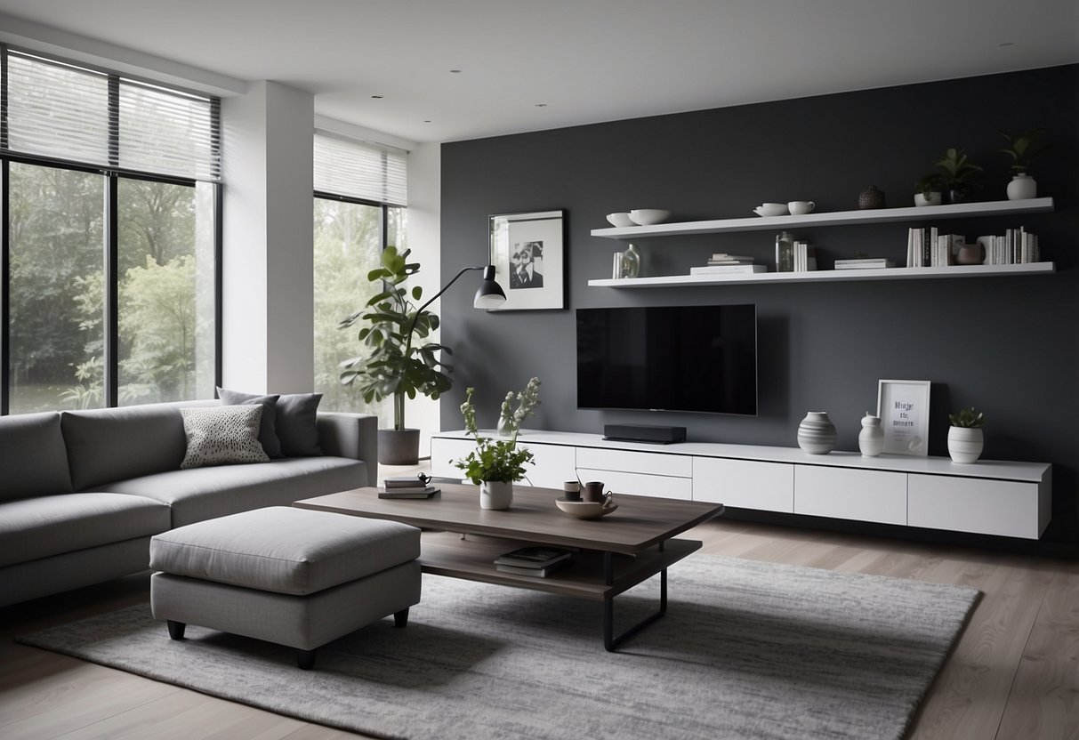 A modern living room with plastic board furniture, showcasing its durability and sleek design. The furniture includes a coffee table, shelves, and a TV stand, all in various shades of white and gray