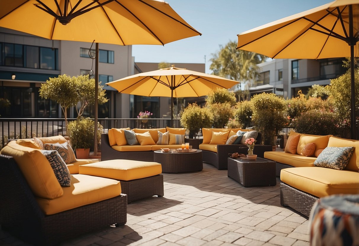 A sunny patio with a variety of outdoor furniture, including chairs, tables, and umbrellas. Brightly colored cushions and pillows add a pop of color to the scene