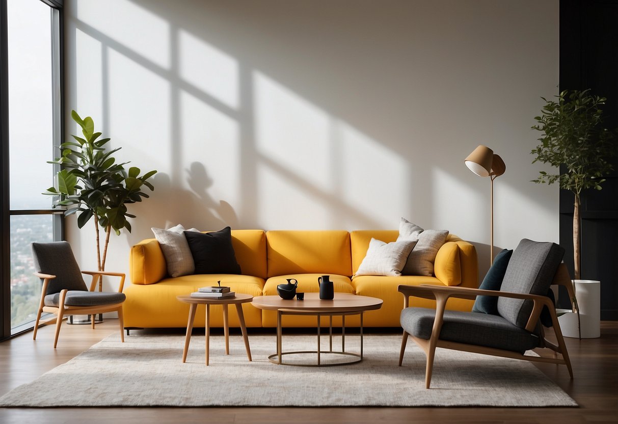 A modern living room with plastic board furniture arranged in a minimalist style, featuring a sleek coffee table, chairs, and shelves