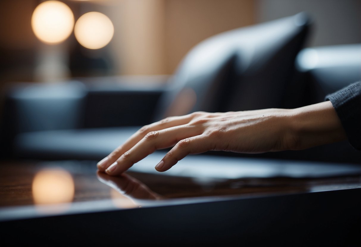 A hand reaches out to click on a modern, sleek piece of furniture