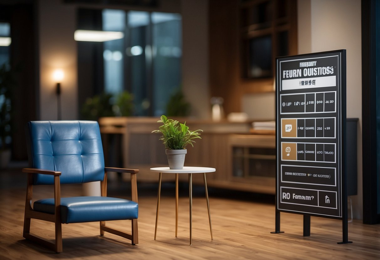 A plastic board furniture set with a "Frequently Asked Questions" sign displayed prominently