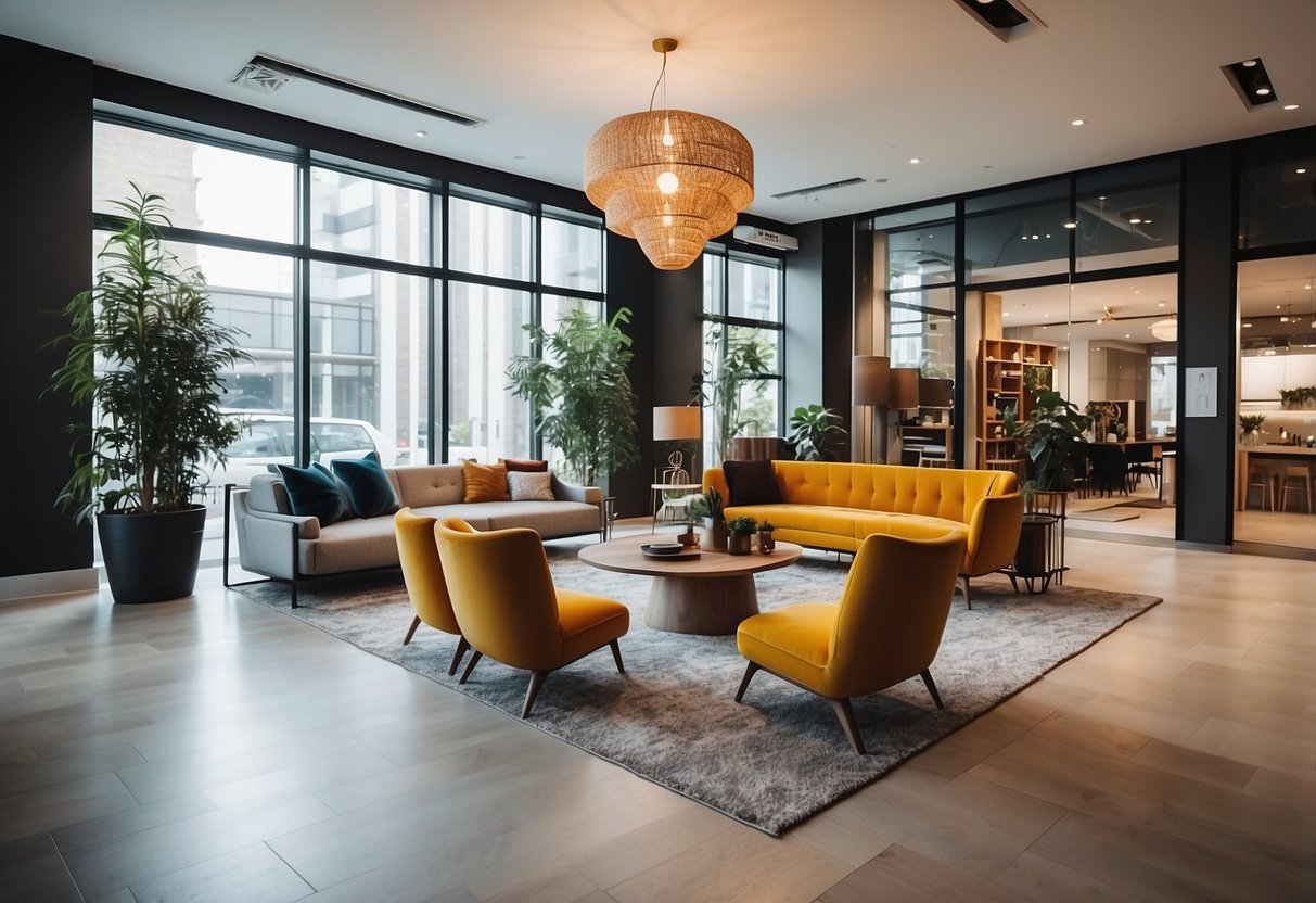 A spacious showroom with modern furniture displays and vibrant decor. Bright lighting and clean lines create a welcoming atmosphere