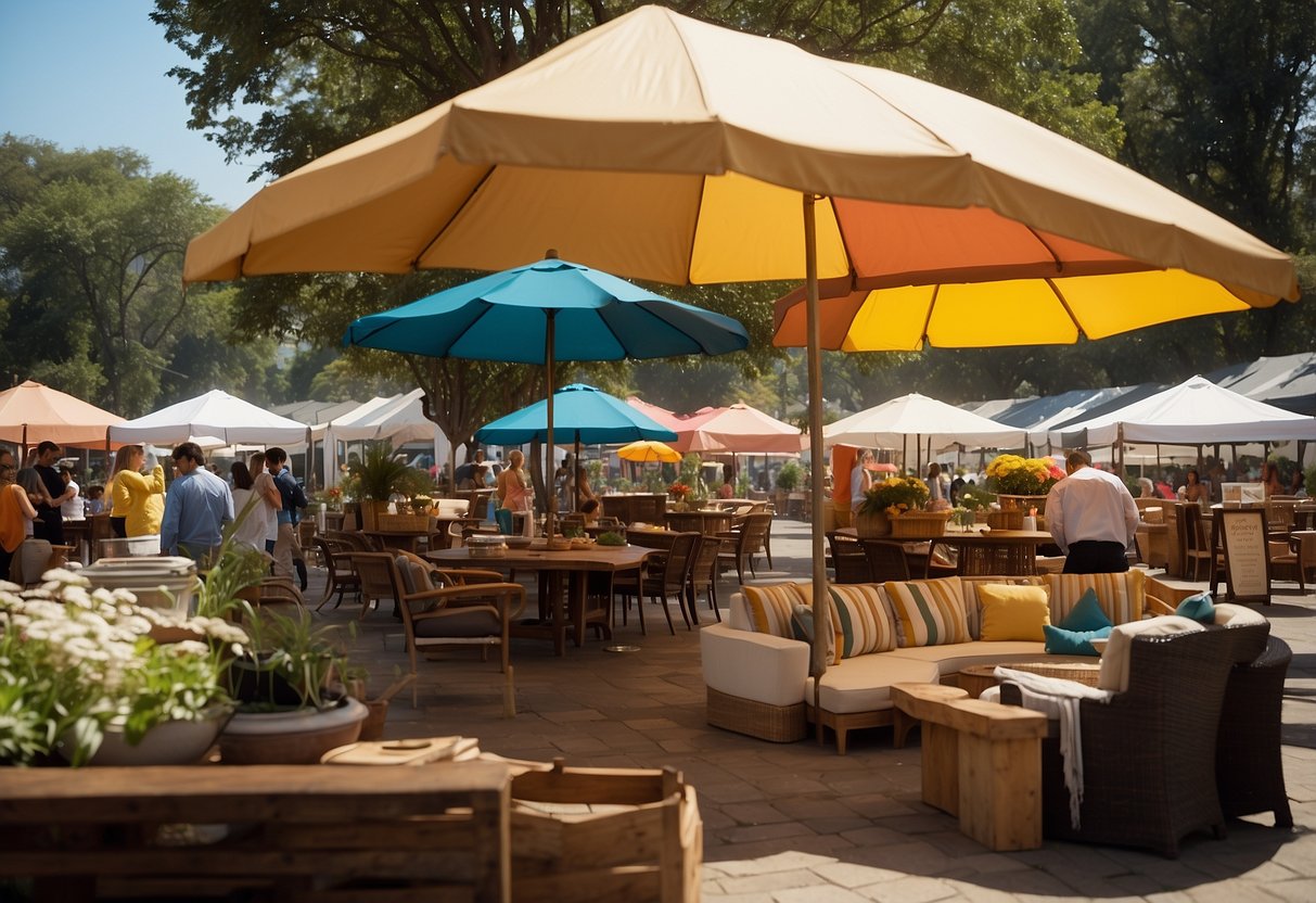 A bustling outdoor furniture sale with customers browsing and purchasing items under a large tent with colorful umbrellas and signs