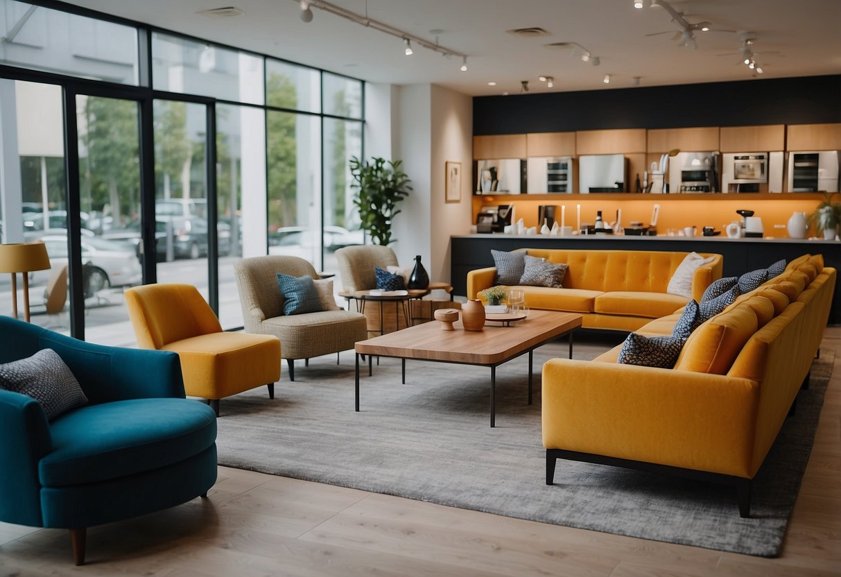 A bright, modern furniture showroom with a large "Frequently Asked Questions" sign above a display of stylish, comfortable chairs and sofas