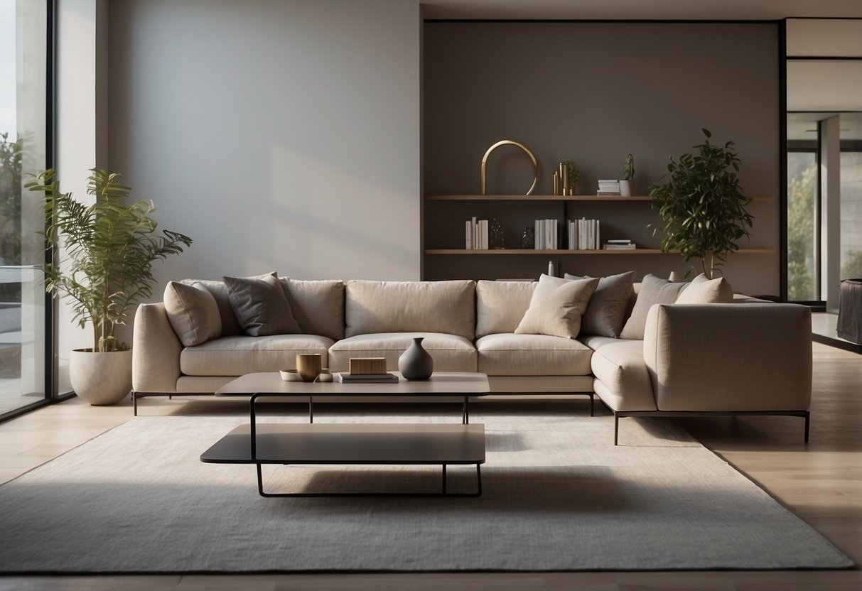 A modern living room with sleek WTP furniture, featuring a minimalist sofa, coffee table, and floor lamp. Clean lines and neutral colors create a contemporary and inviting space