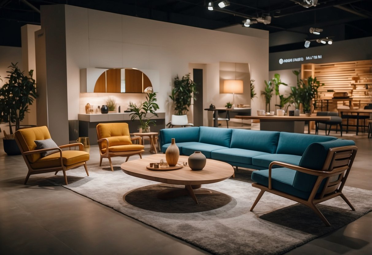 A spacious showroom with modern furniture displays and vibrant lighting at WTP Furniture