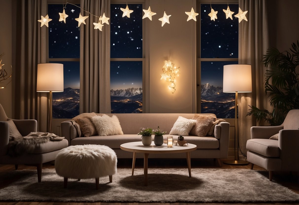 A cozy living room with a large, plush sofa and armchair, adorned with star-shaped throw pillows. A celestial-themed rug and twinkling string lights complete the starry atmosphere
