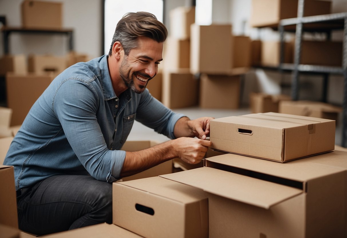A customer happily unboxing and assembling their new WTP furniture, smiling as they admire the sleek design and high-quality finish