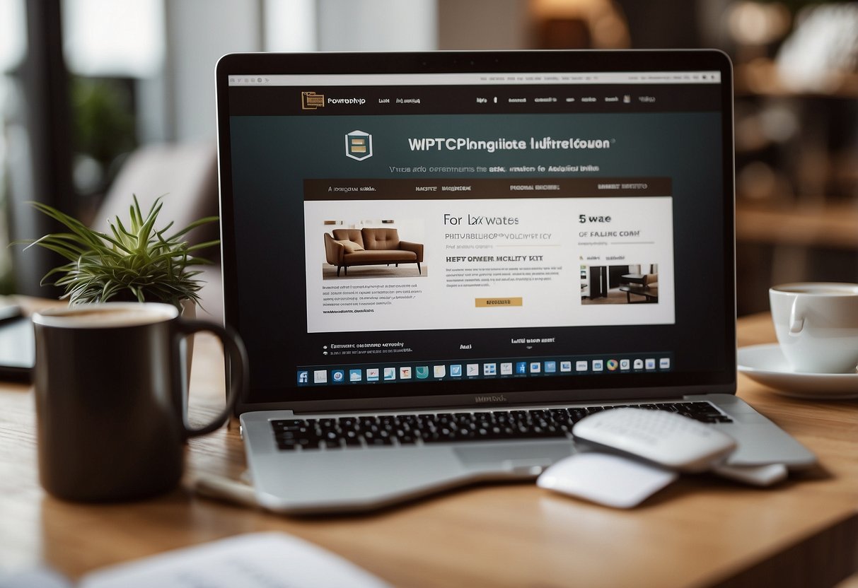 A customer browsing through a list of frequently asked questions about wtp furniture, with a laptop and a cup of coffee on the table