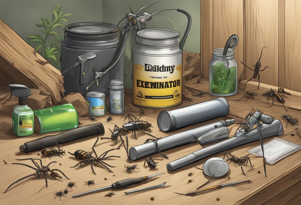 Billy the exterminator's tools lay scattered on the floor, while a trail of ants led to a broken jar of insecticide