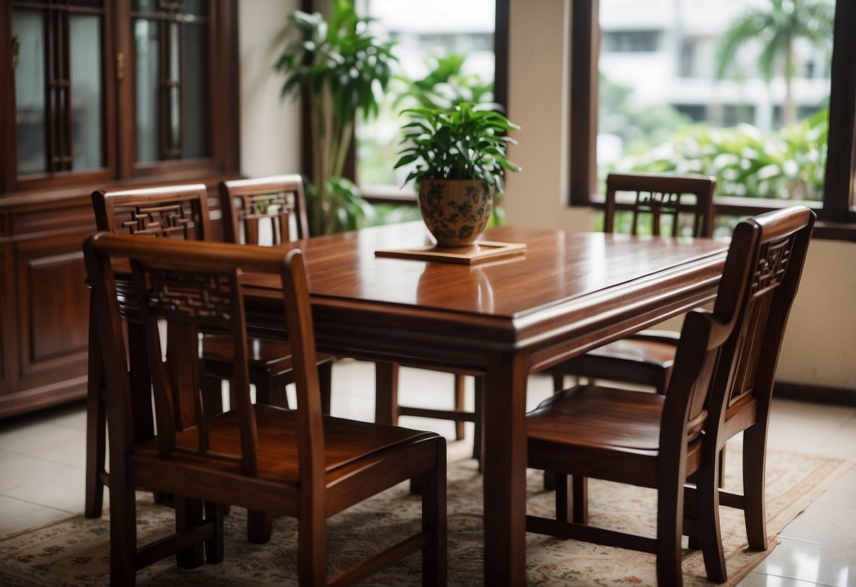A traditional Chinese wooden table and chairs arranged in a Singaporean living room