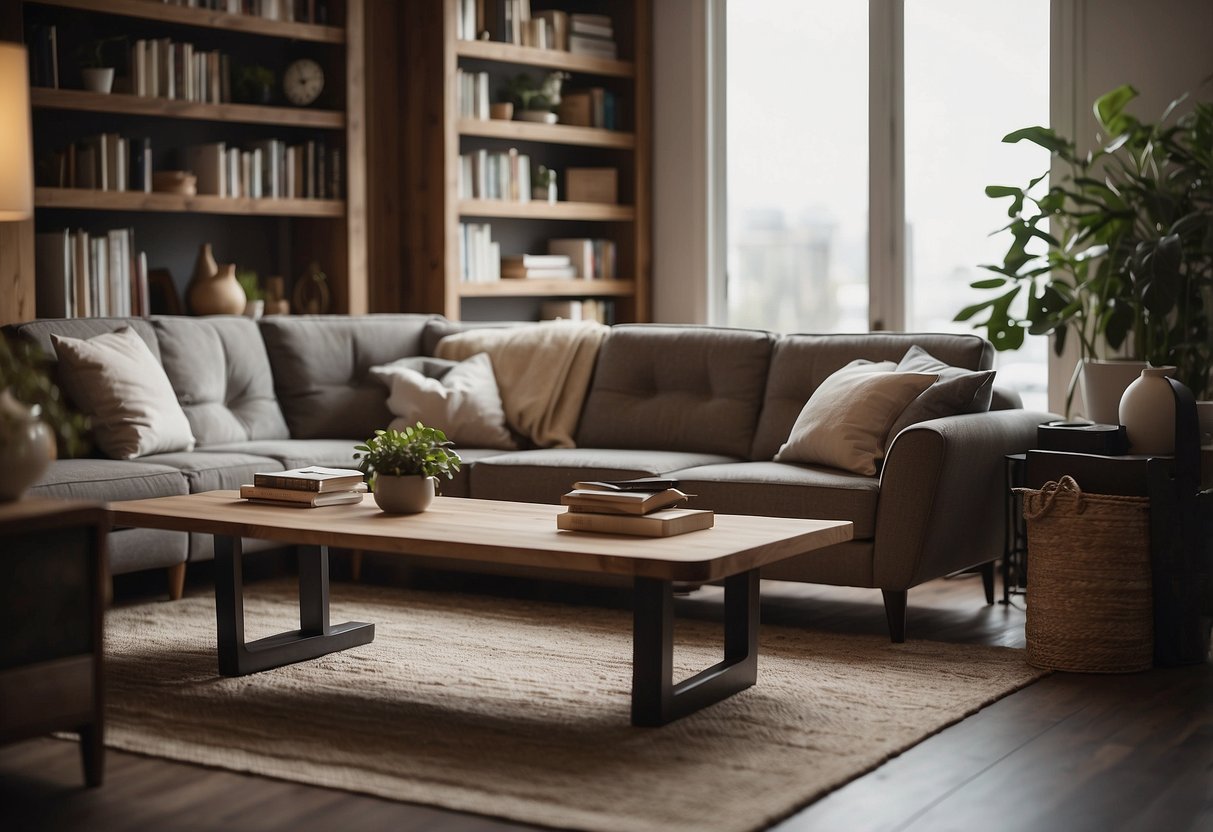 A cozy living room with a sofa, coffee table, and bookshelf. A sign reads "Frequently Asked Questions" above the furniture