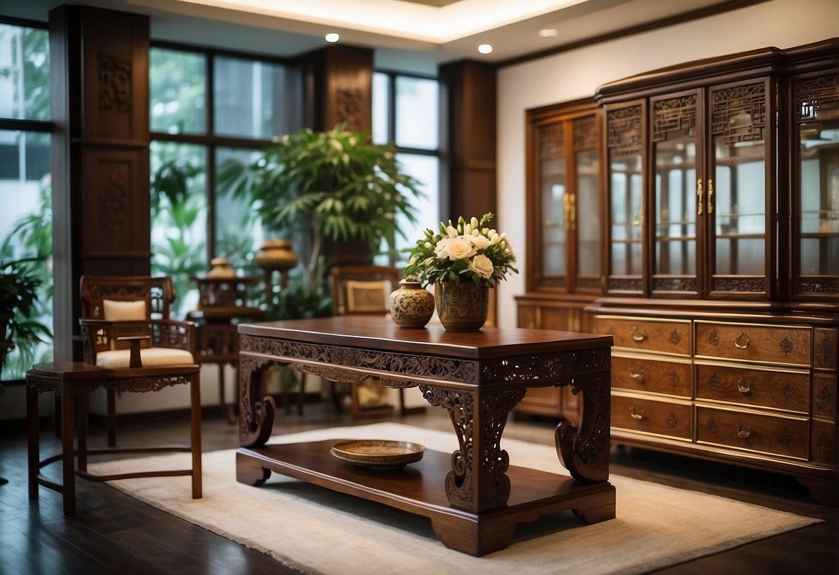 A serene showroom displays intricate Chinese furniture in Singapore. Rich wood tones and delicate carvings adorn the elegant pieces