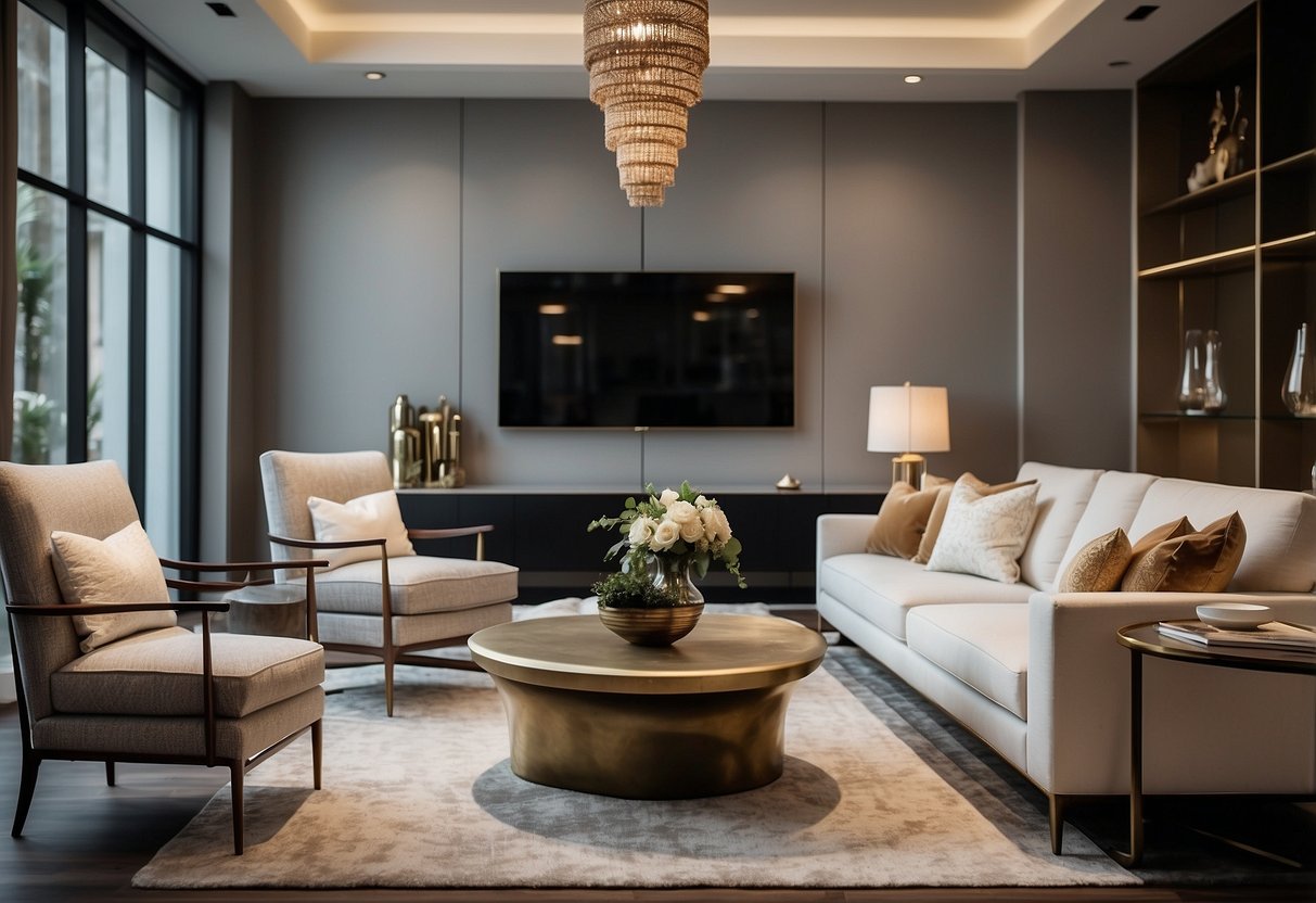 A spacious, well-lit showroom with modern, elegant furniture displays arranged in stylish vignettes. Rich textures and luxurious materials create a sophisticated ambiance