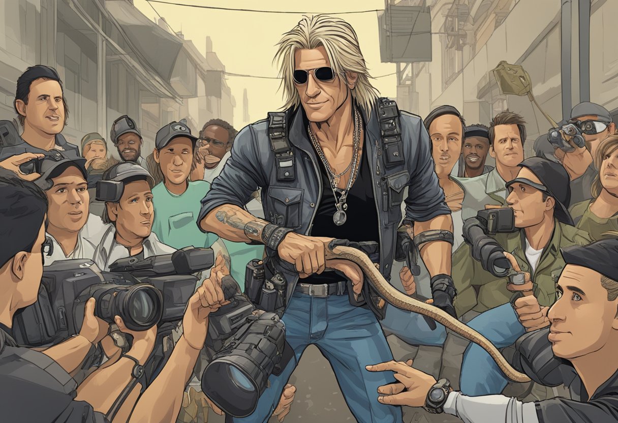 Billy the exterminator, surrounded by cameras and eager onlookers, confidently handles a massive snake while wearing his signature jumpsuit and protective gear