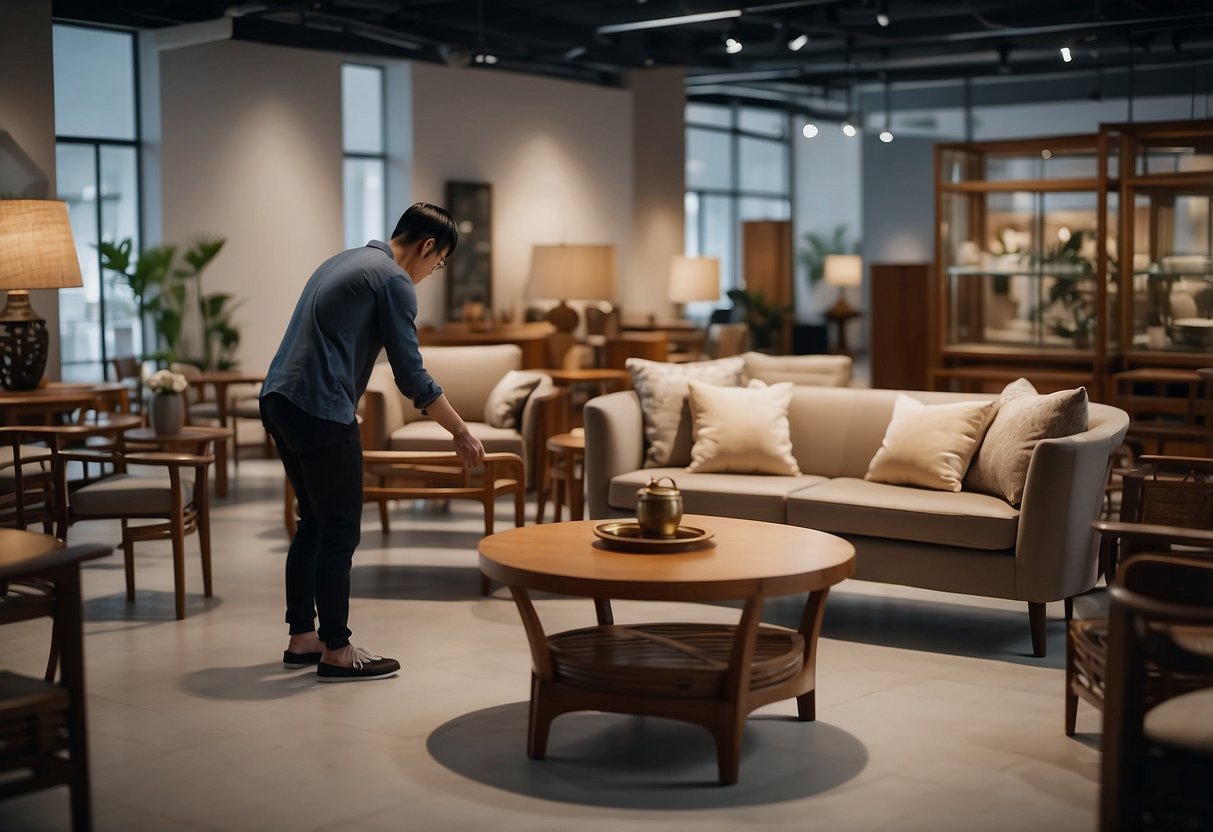 A person carefully selects and purchases Chinese furniture from a showroom. They then arrange and clean the furniture in their home