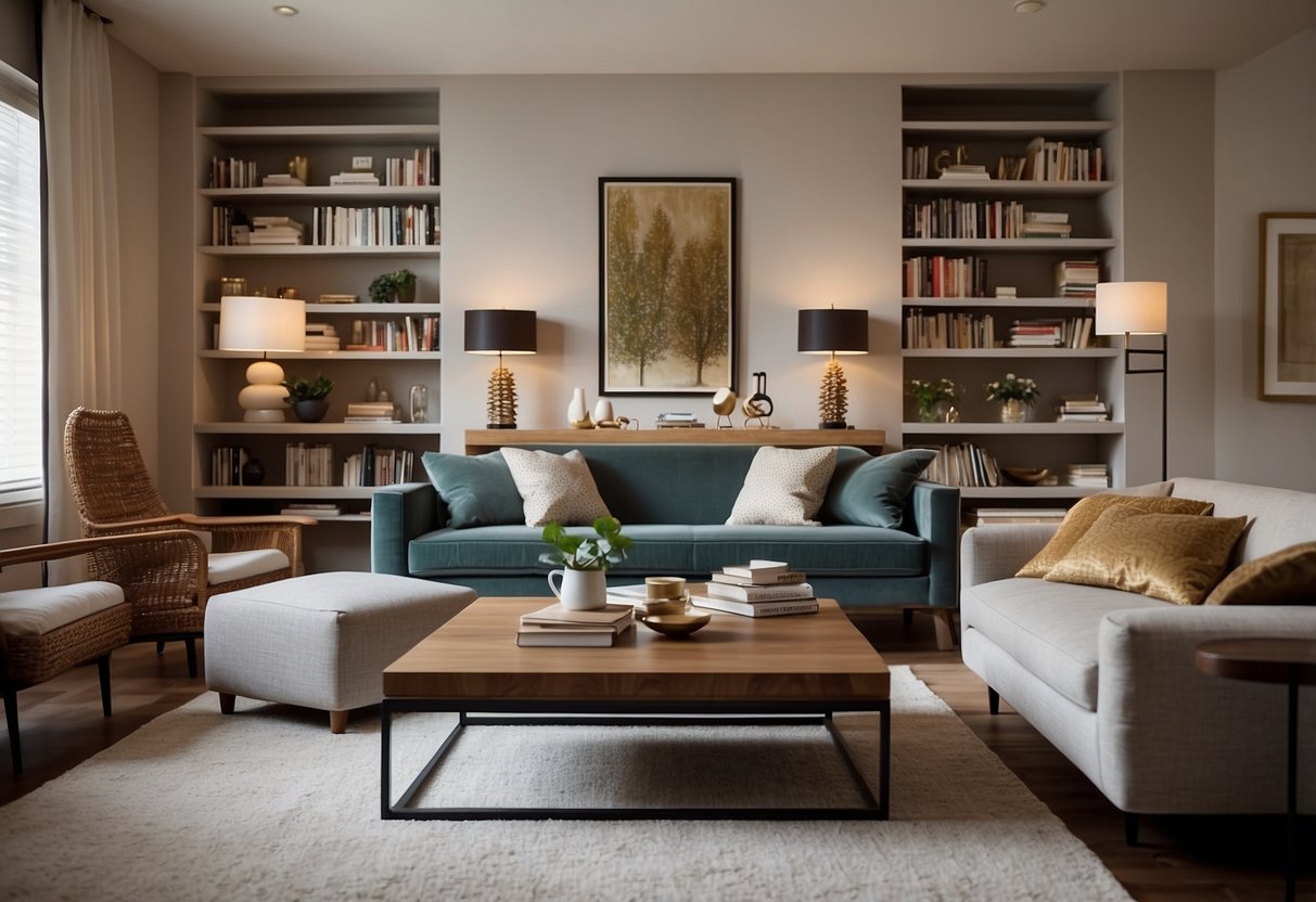 A room with a sofa, armchairs, coffee table, bookshelves, and lamps. The furniture is arranged neatly, creating a cozy and inviting space