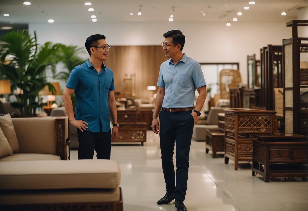 A customer browsing through a variety of Chinese furniture in a Singapore showroom, with a helpful staff member ready to answer any questions