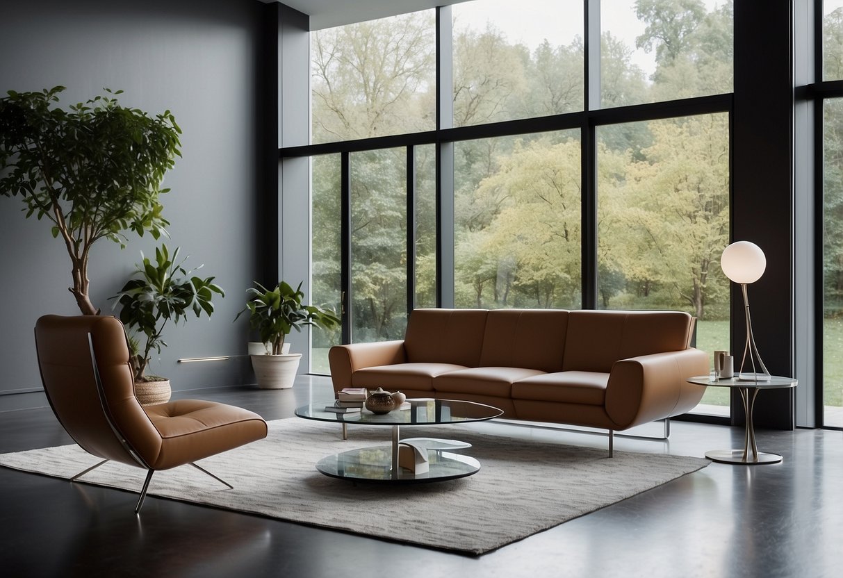 A sleek, modern living room with Cellini furniture, featuring a minimalist sofa, a glass coffee table, and a contemporary armchair