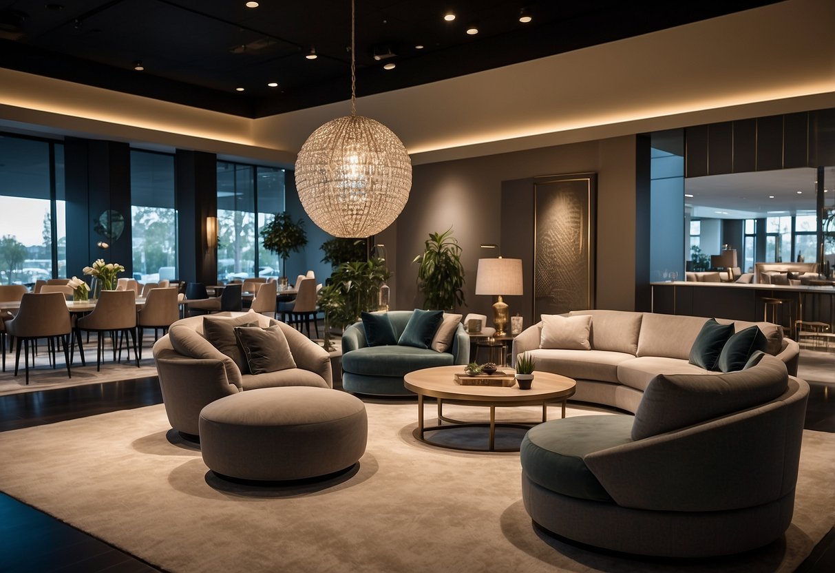 Customers browsing luxury furniture, staff assisting, elegant displays, modern lighting, spacious layout, comfortable seating areas, Cellini logo prominent