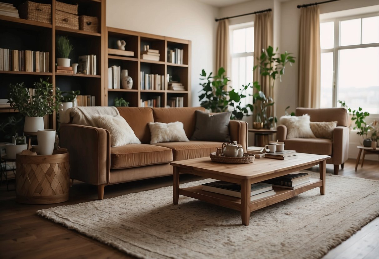 A cozy living room with a plush sofa, coffee table, and soft rug. A bookshelf filled with books and decorative items. A warm, inviting atmosphere