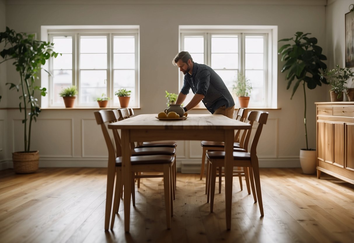 A person arranging dining room furniture in a spacious, well-lit room with a large table, chairs, and a sideboard