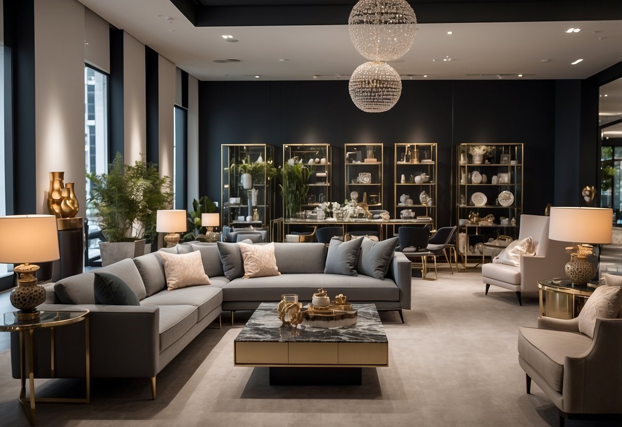 A showroom filled with elegant and modern furniture pieces displayed in stylish arrangements. Bright lighting highlights the sleek lines and luxurious materials of Cellini's collections