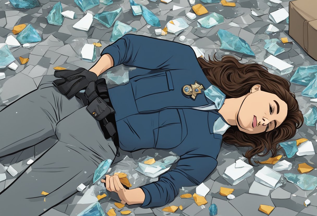 Jimmy's wife lies lifeless on the ground, surrounded by shattered glass and a broken vase. Her NCIS badge lays discarded nearby