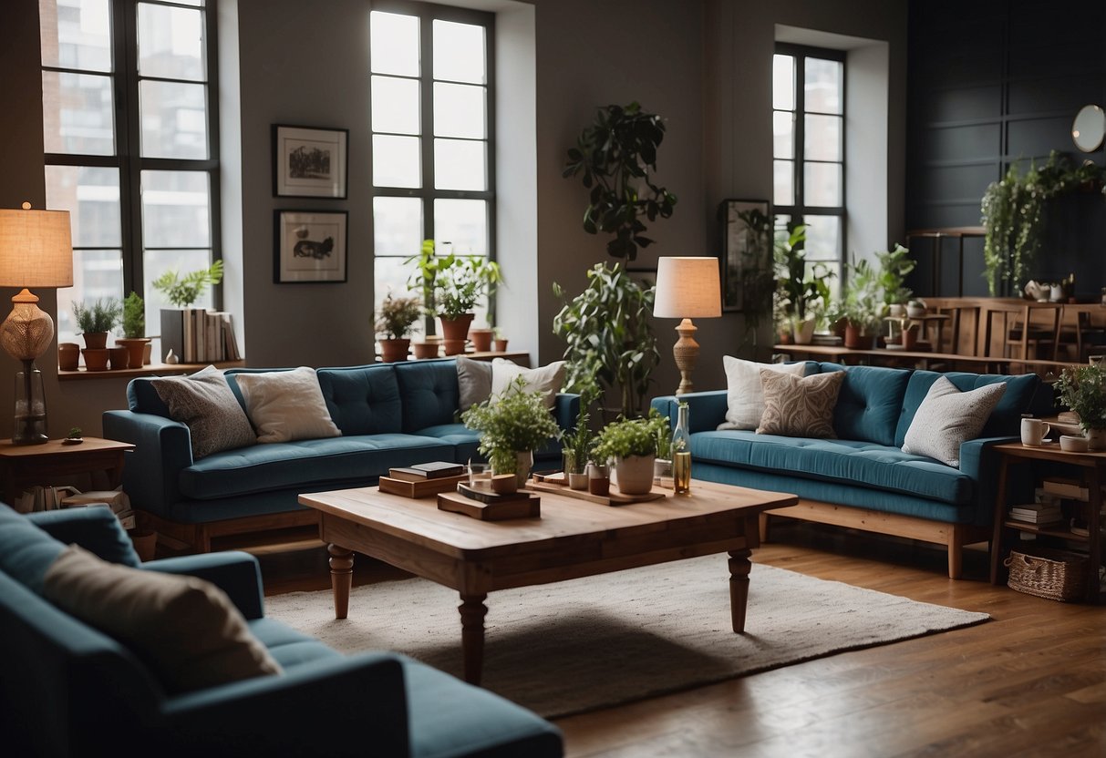 A room filled with various furniture items, including sofas, chairs, tables, and shelves. The space is organized and inviting, with a cozy atmosphere