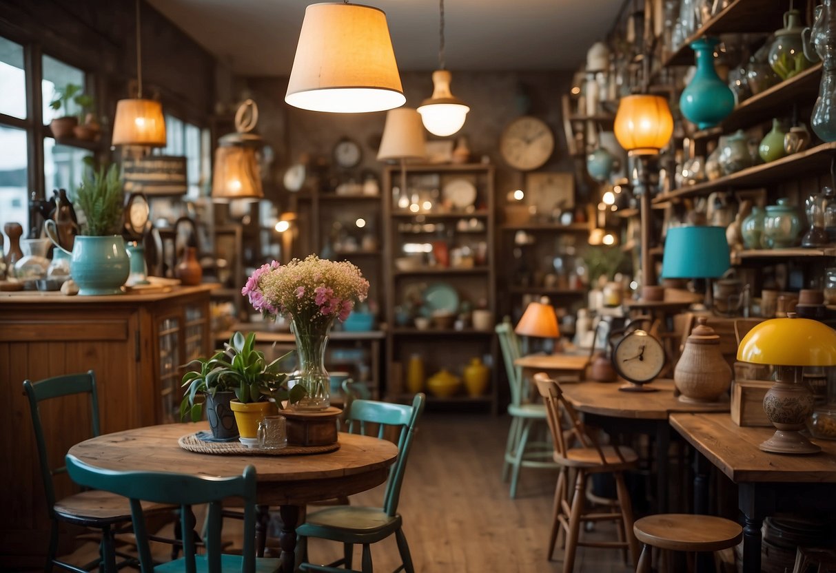 Colorful, mismatched chairs and tables fill the cozy shop. Vintage lamps and quirky decor line the shelves. A sign outside invites passersby to step inside