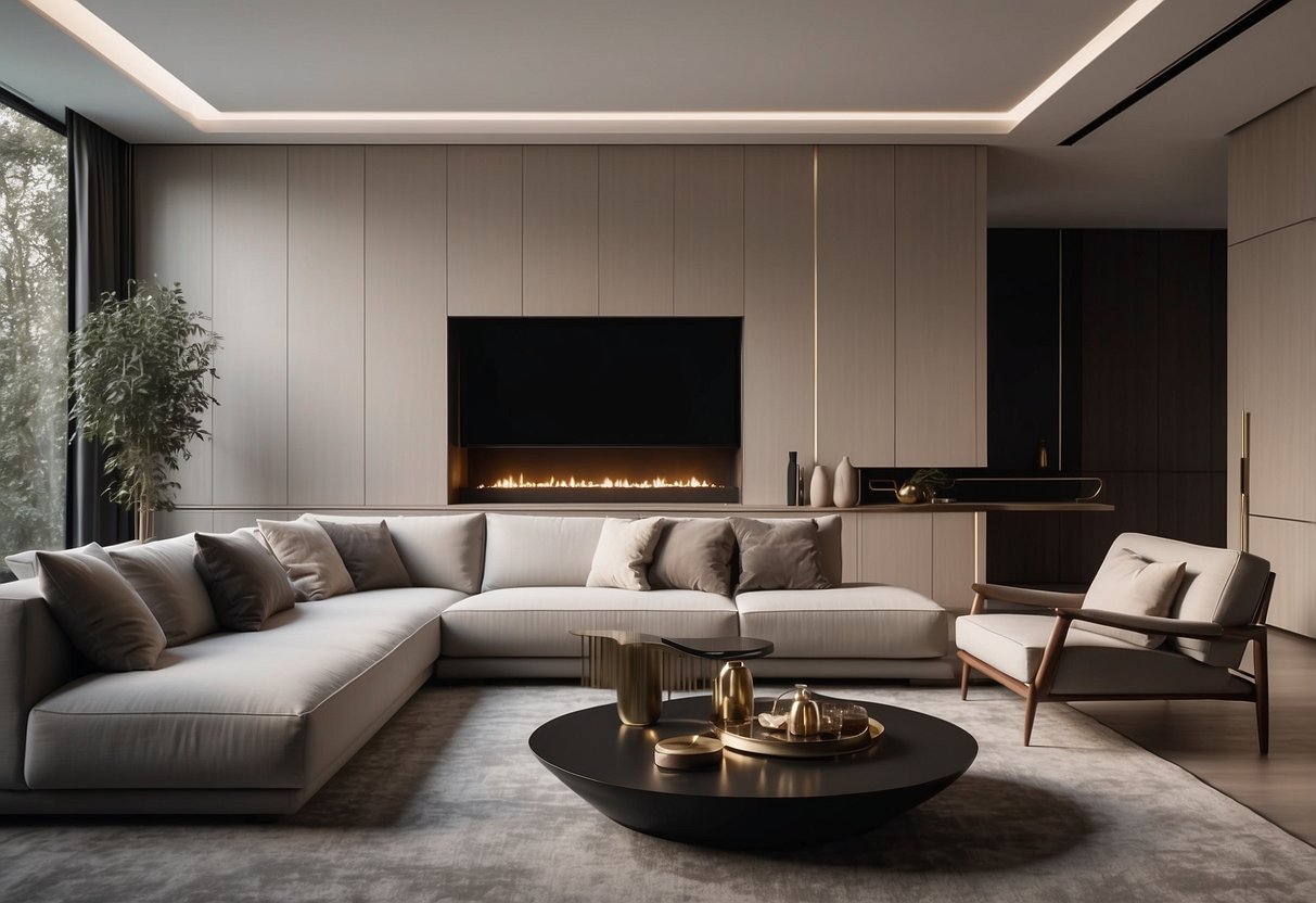 A luxurious living room with sleek, modern Poliform furniture. Clean lines, neutral colors, and elegant design create a sophisticated atmosphere