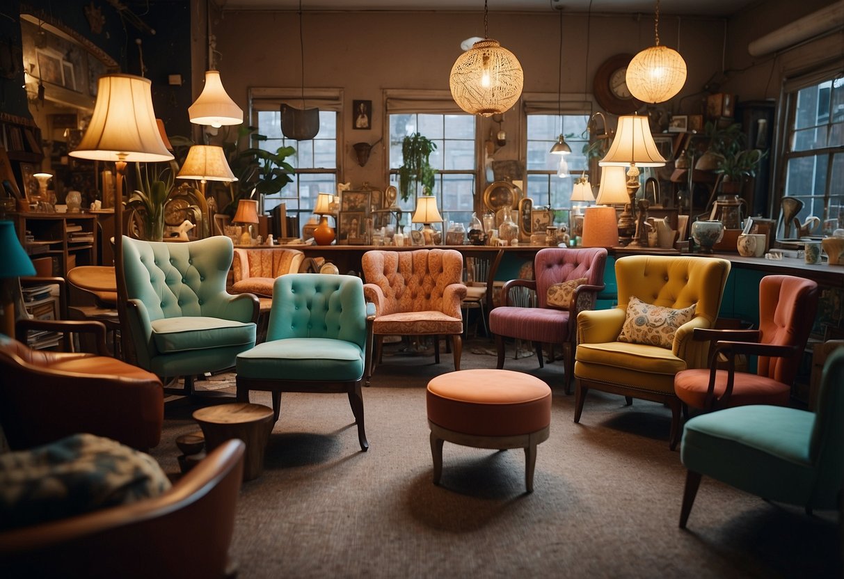 A colorful array of mismatched chairs, vintage lamps, and eccentric decor fill the quaint, cluttered space of the quirky furniture shop
