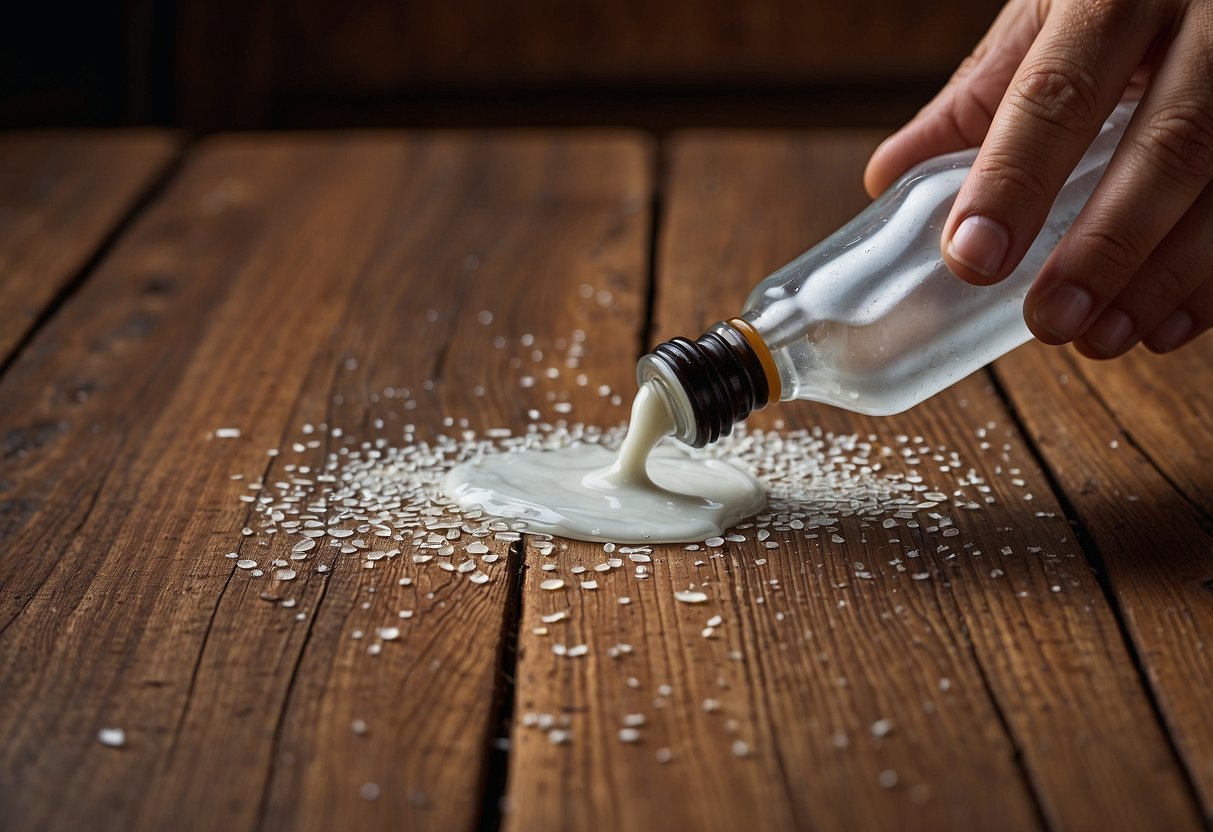 A hand reaches for a bottle of glue remover beside a wooden table. The table's surface shows remnants of dried glue being carefully scraped away