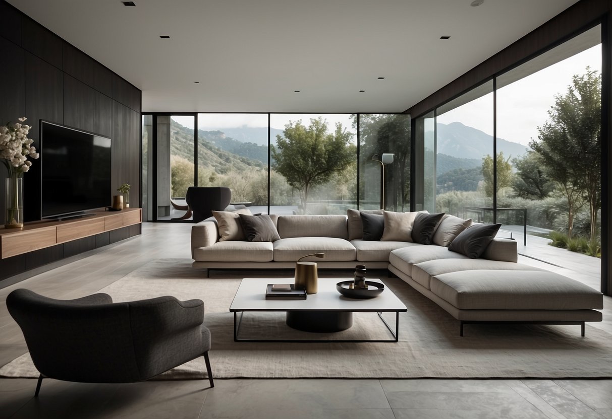 A modern, minimalist living room with sleek, Italian Poliform furniture, showcasing a global aesthetic and design philosophy