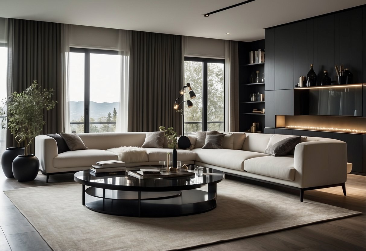 A modern living room with sleek Poliform Italian furniture arranged in a clean and elegant manner. The space exudes sophistication and luxury