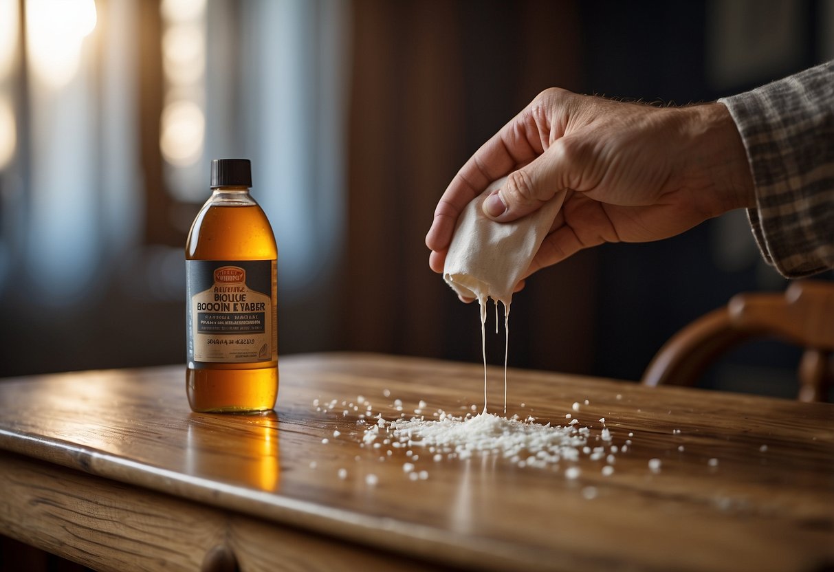 A hand reaches for a bottle of adhesive remover next to a wooden chair with dried glue stains. A cloth and scraper sit nearby