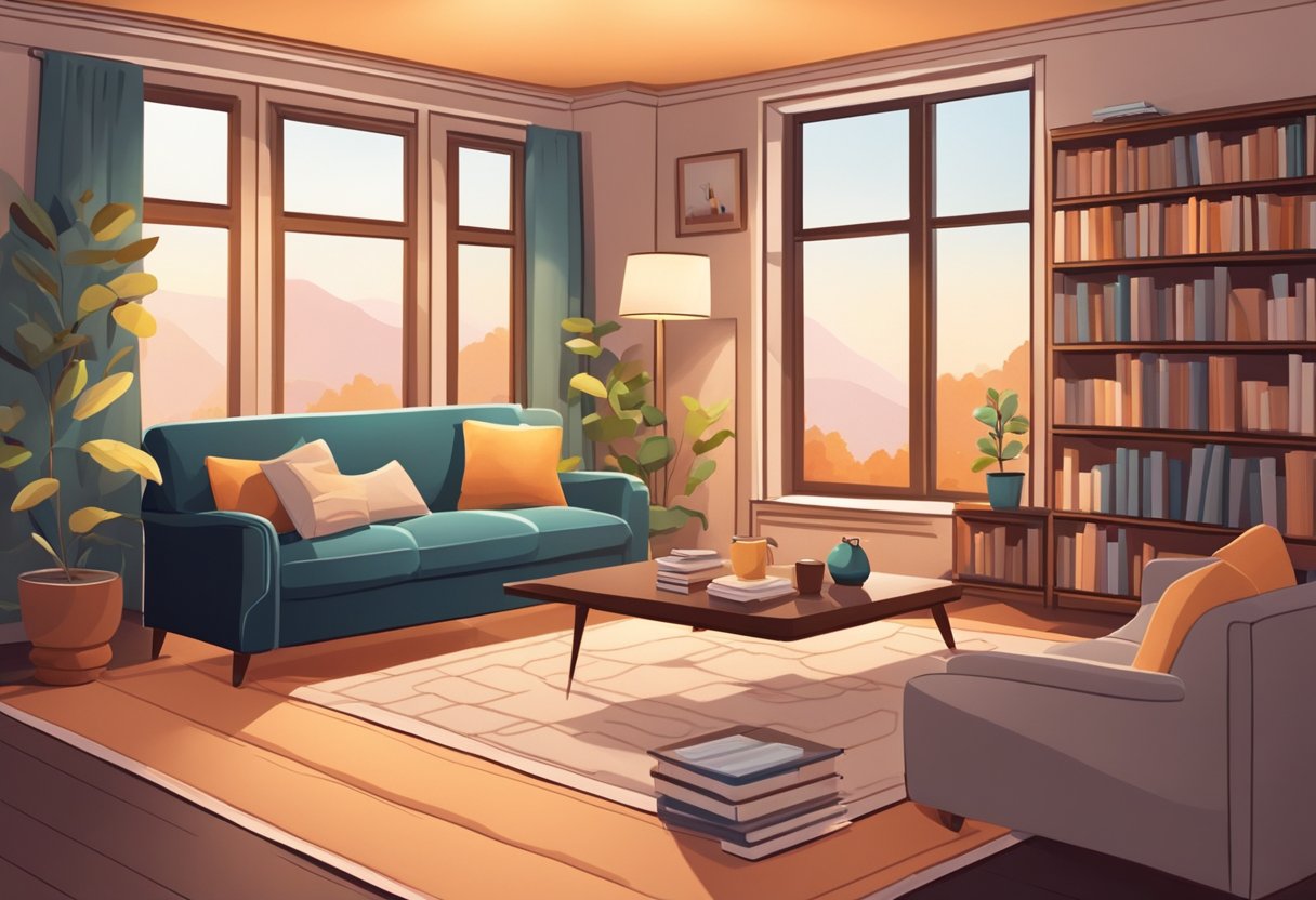 A cozy living room with a plush sofa, coffee table, and bookshelf filled with books. A soft rug lies on the floor, and a warm lamp illuminates the space