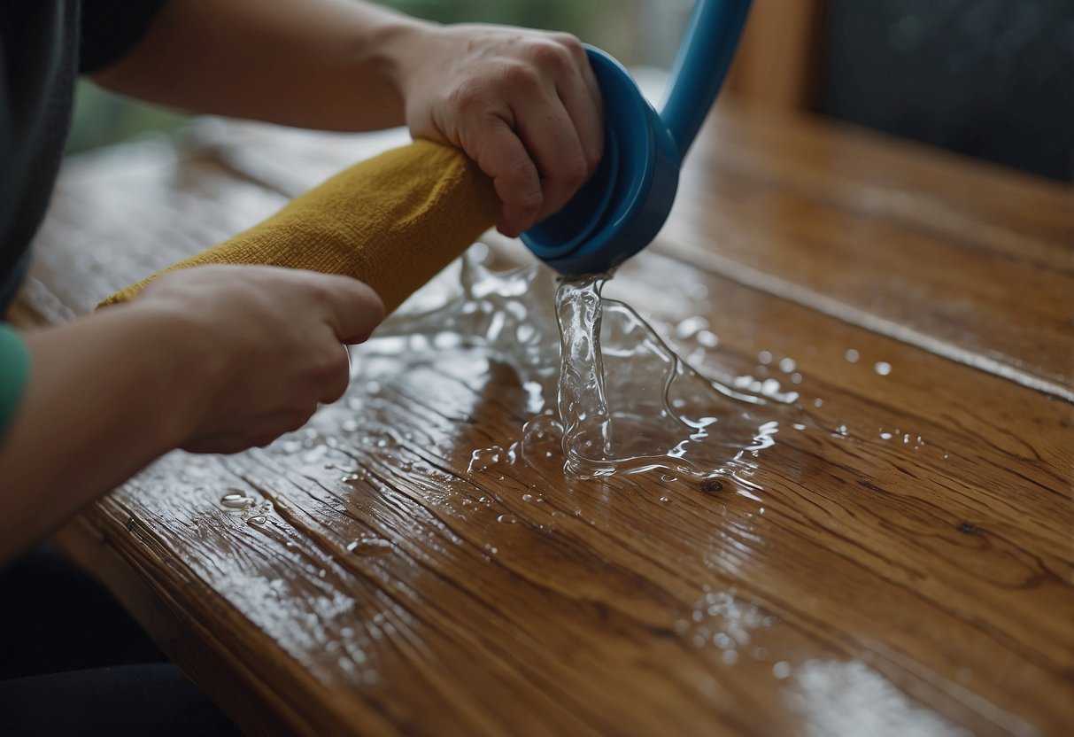 Glue drips down furniture. A person wipes it off with a cloth