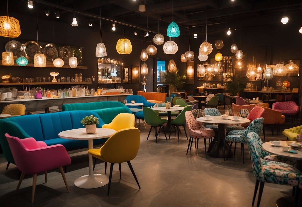 Colorful chairs and tables fill the space, surrounded by whimsical decor and unique lighting. Customers browse through the eclectic selection, enjoying the lively atmosphere