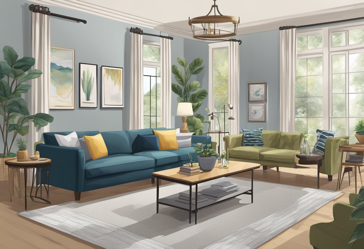 A spacious showroom displays various home furniture styles and varieties. Tables, chairs, sofas, and decor fill the room, creating a welcoming and stylish atmosphere