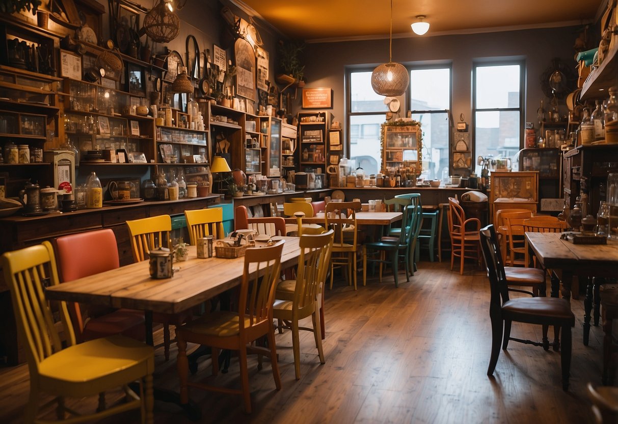 Colorful, mismatched chairs and tables fill a cozy, cluttered shop. Quirky signs hang from the ceiling, and customers browse through unique, one-of-a-kind pieces