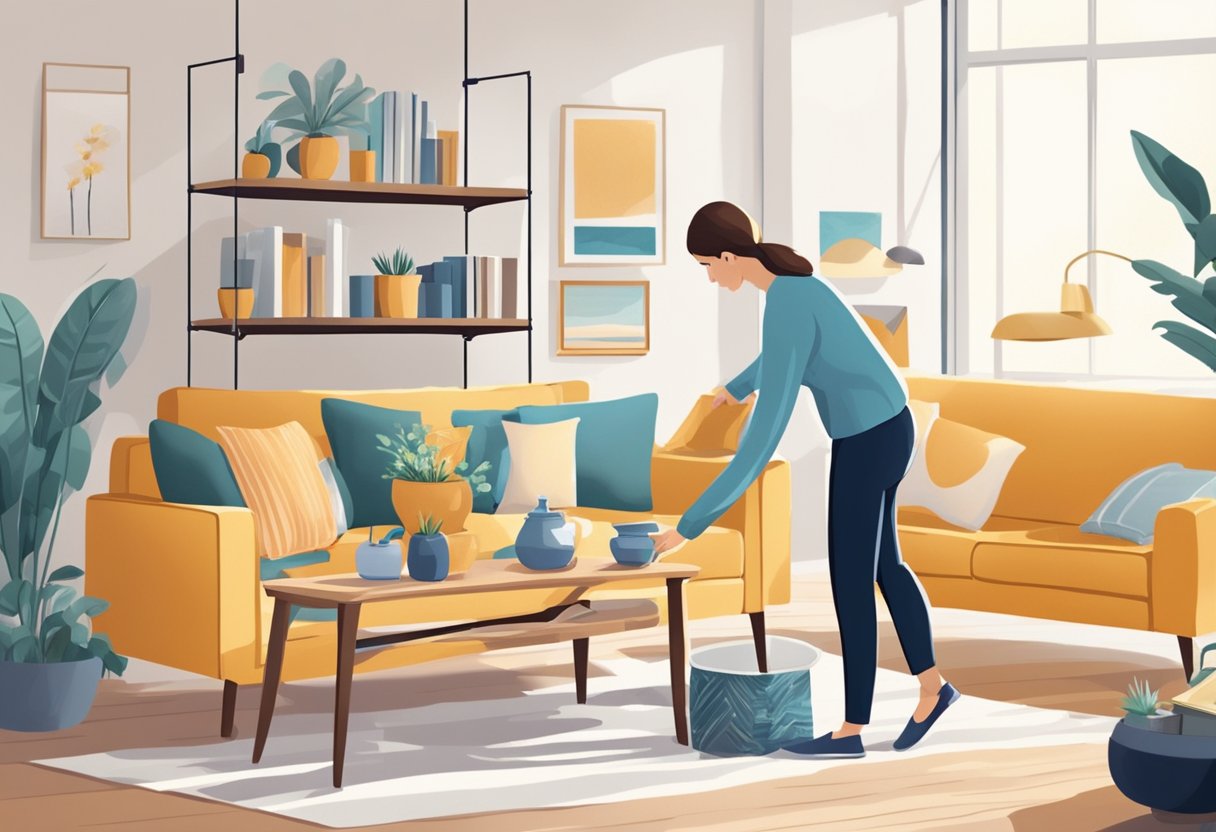 A person carefully arranging and dusting various pieces of home furniture, such as chairs, tables, and shelves, in a well-lit and spacious living room