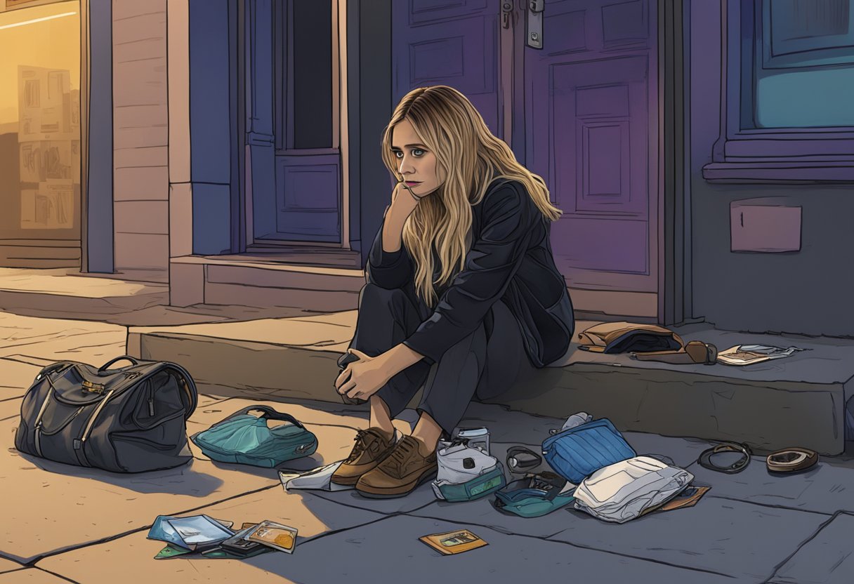 Mary-Kate Olsen's abandoned purse and scattered belongings on a deserted street at night